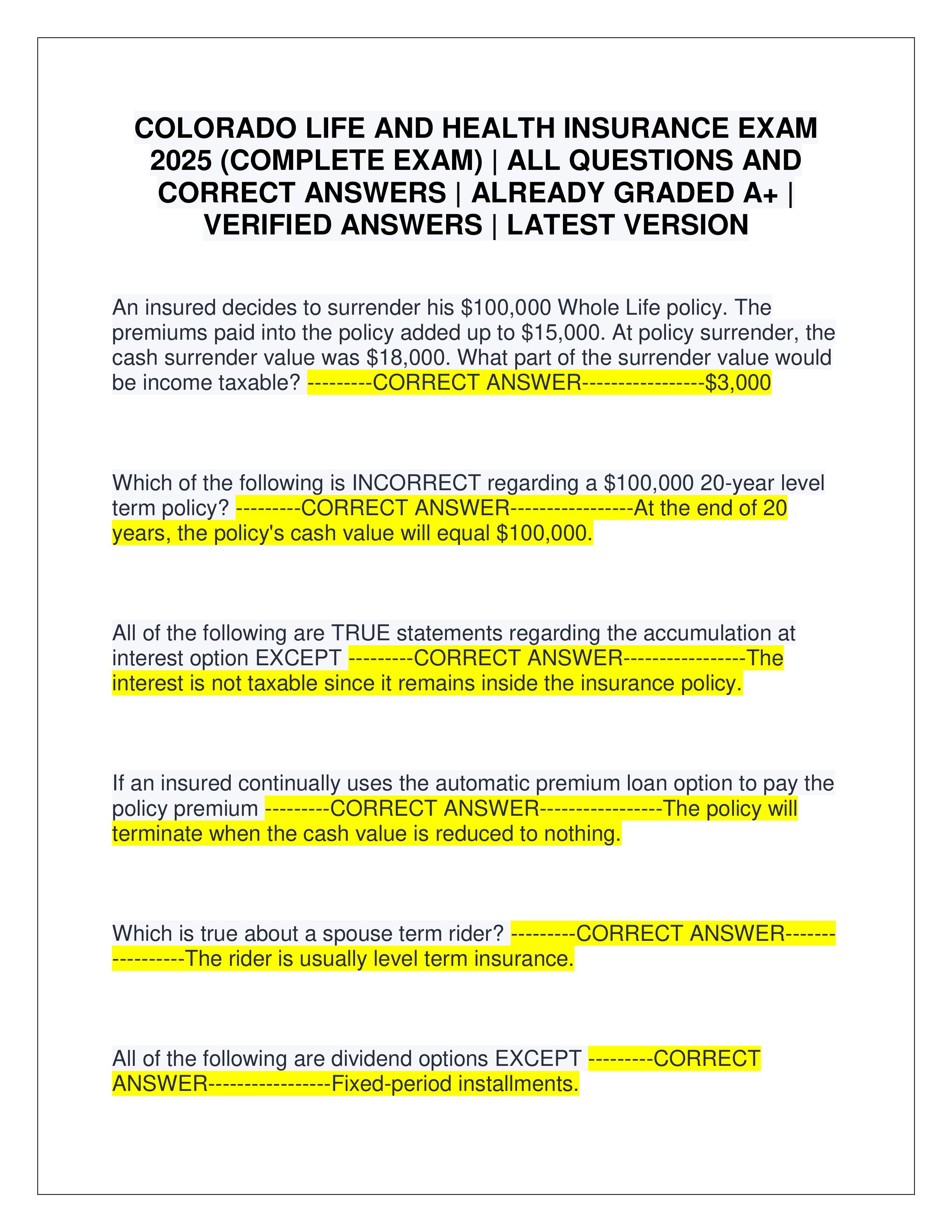 Preview of COLORADO LIFE AND HEALTH INSURANCE EXAM 2025 (COMPLETE EXAM) | ALL QUESTIONS AND CORRECT ANSWERS | ALREADY GRADED A+ | VERIFIED ANSWERS | LATEST VERSION