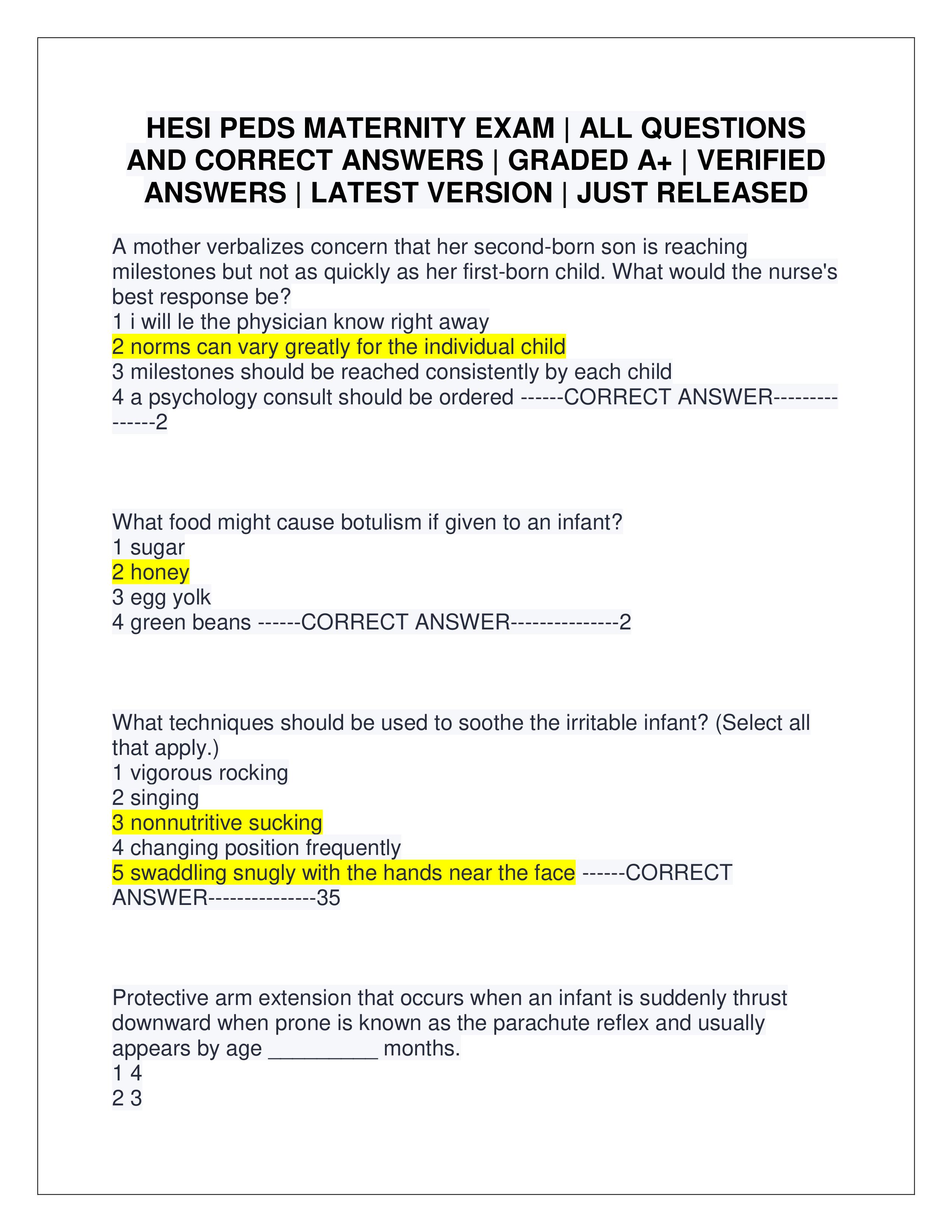HESI PEDS MATERNITY EXAM | ALL QUESTIONS AND CORRECT ANSWERS | GRADED A+ | VERIFIED ANSWERS | LATEST VERSION | JUST RELEASED preview