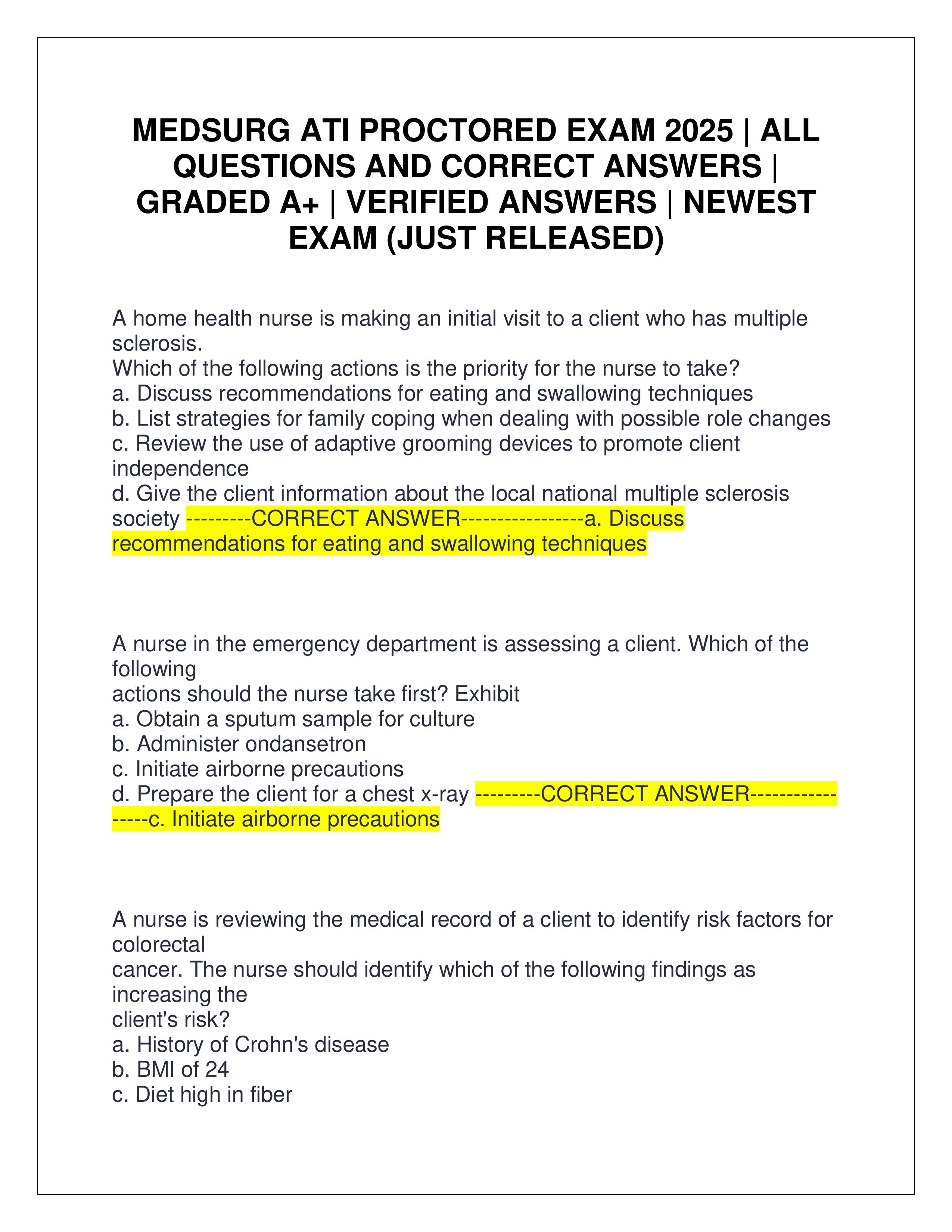 Preview of MEDSURG ATI PROCTORED EXAM 2025 | ALL QUESTIONS AND CORRECT ANSWERS | GRADED A+ | VERIFIED ANSWERS | NEWEST EXAM (JUST RELEASED)