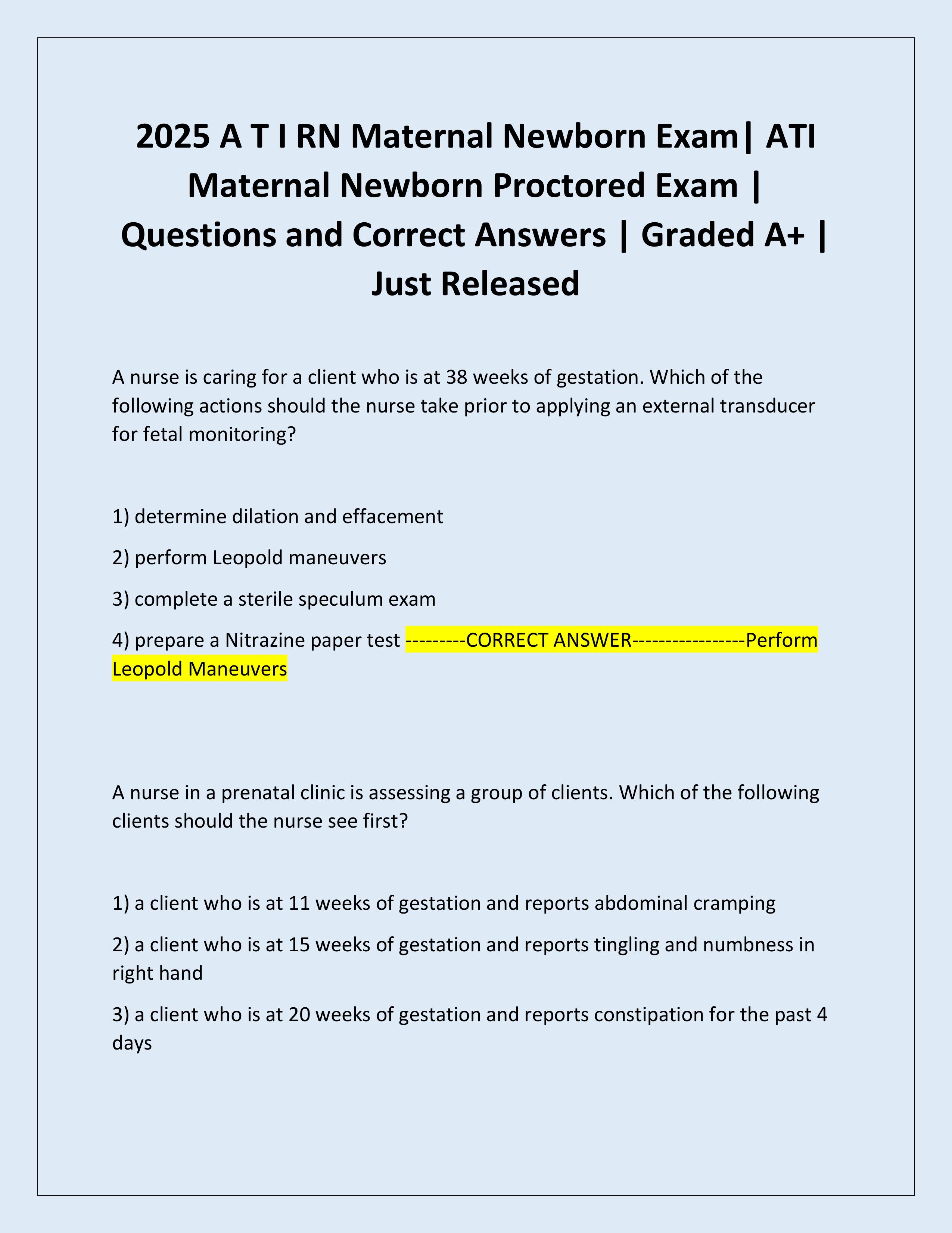 Preview of 2025 A T I RN Maternal Newborn Exam| ATI Maternal Newborn Proctored Exam | Questions and Correct Answers | Graded A+ | Just Released