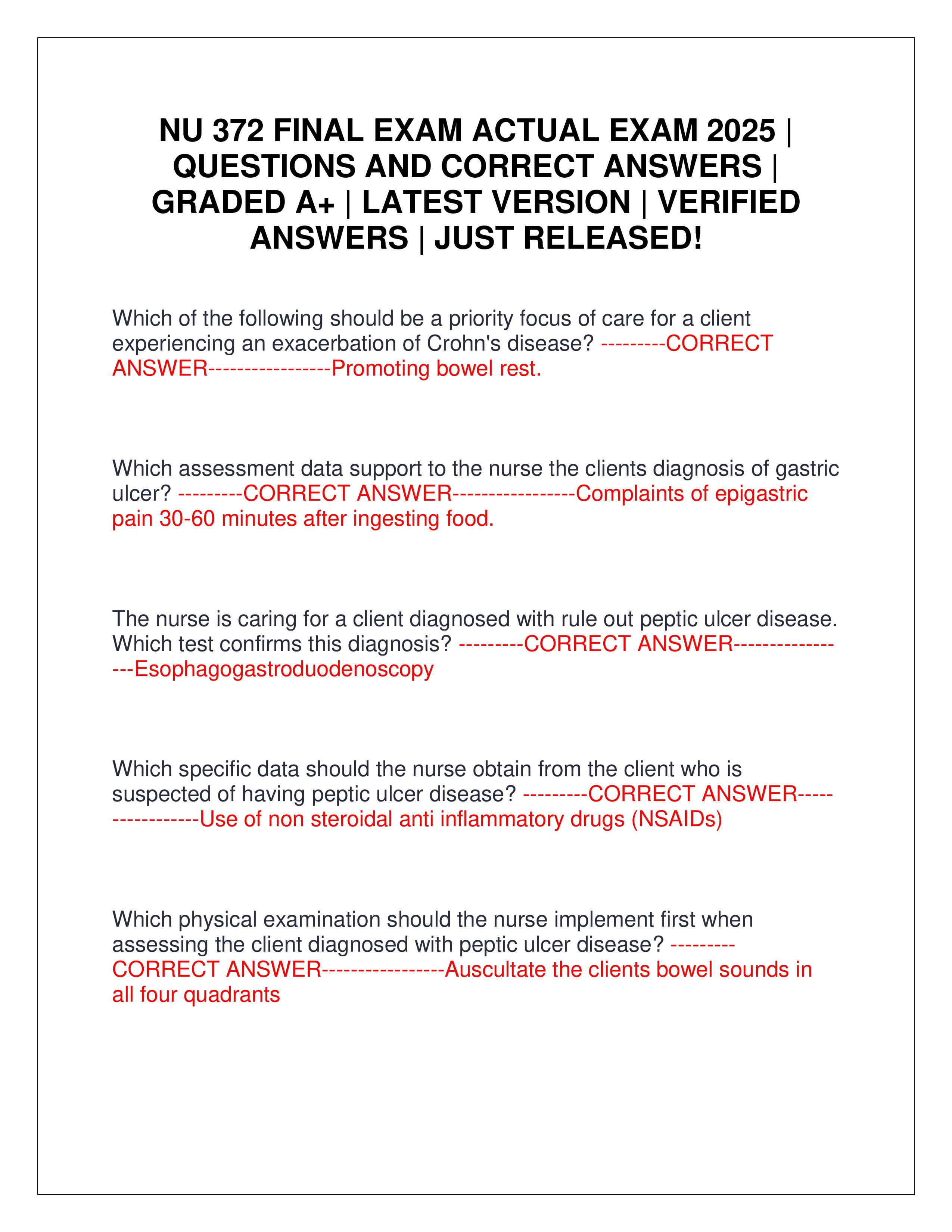 Preview of NU 372 FINAL EXAM ACTUAL EXAM 2025 | QUESTIONS AND CORRECT ANSWERS | GRADED A+ | LATEST VERSION | VERIFIED ANSWERS | JUST RELEASED!