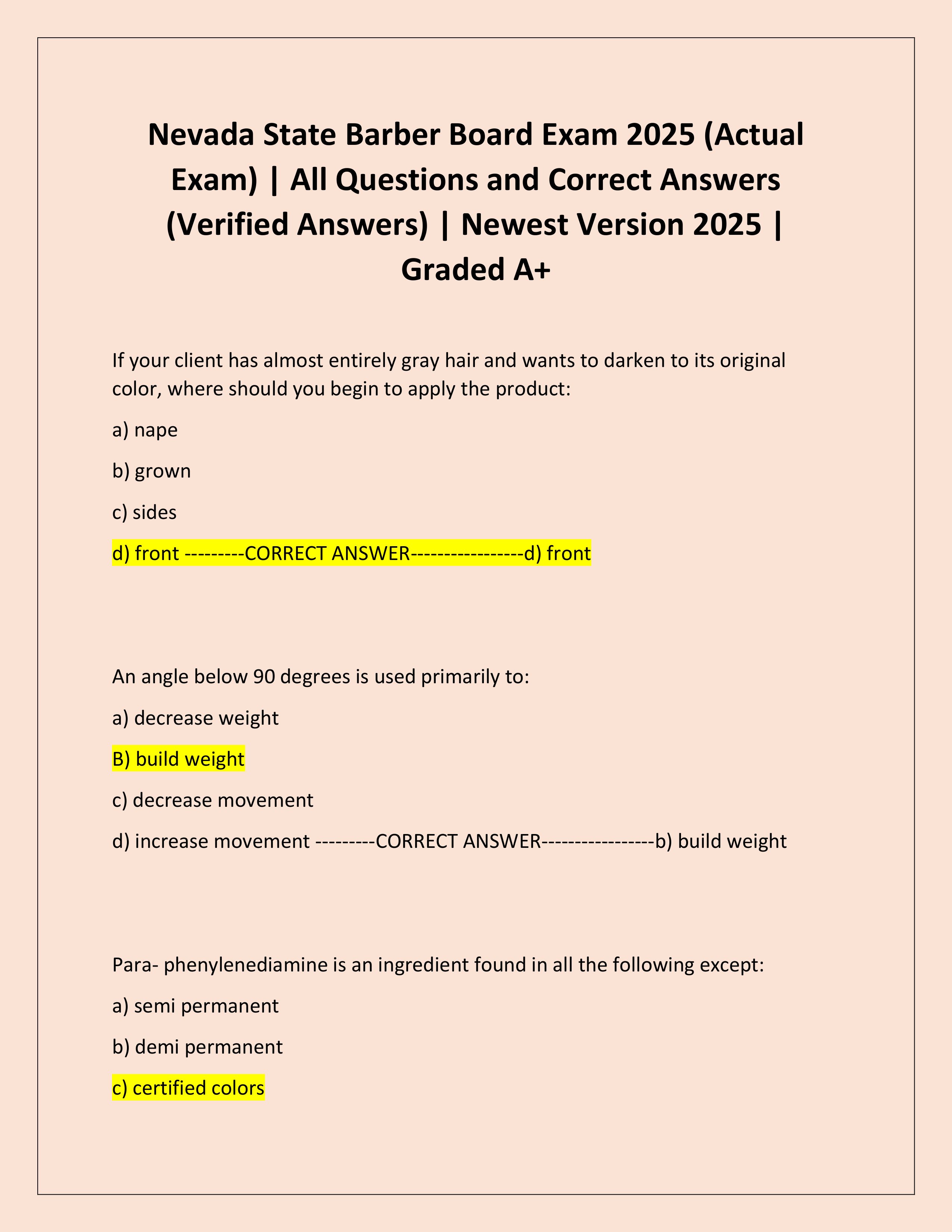 Preview of Nevada State Barber Board Exam 2025 (Actual Exam) | All Questions and Correct Answers (Verified Answers) | Newest Version 2025 | Graded A+