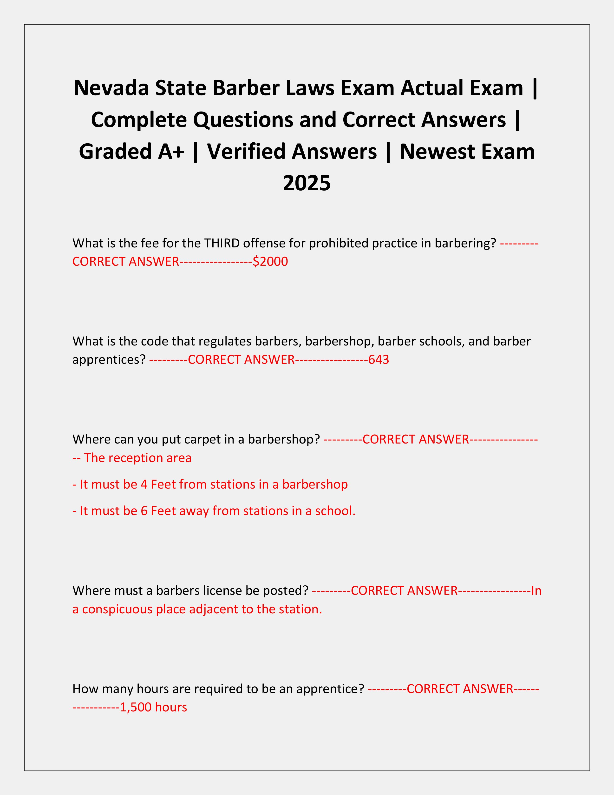 Preview of Nevada State Barber Laws Exam Actual Exam | Complete Questions and Correct Answers | Graded A+ | Verified Answers | Newest Exam 2025