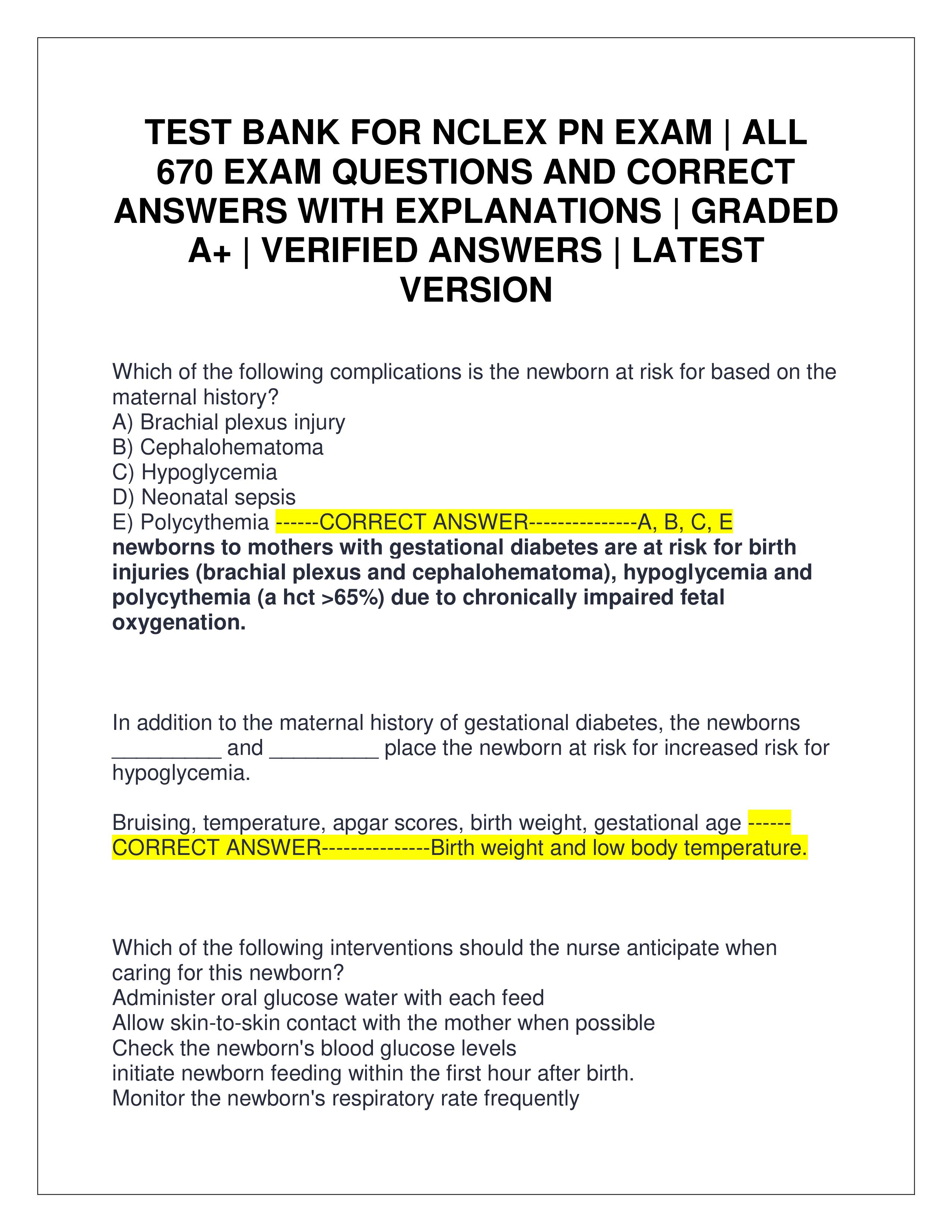 Preview of TEST BANK FOR NCLEX PN EXAM | ALL 670 EXAM QUESTIONS AND CORRECT ANSWERS WITH EXPLANATIONS | GRADED A+ | VERIFIED ANSWERS | LATEST VERSION