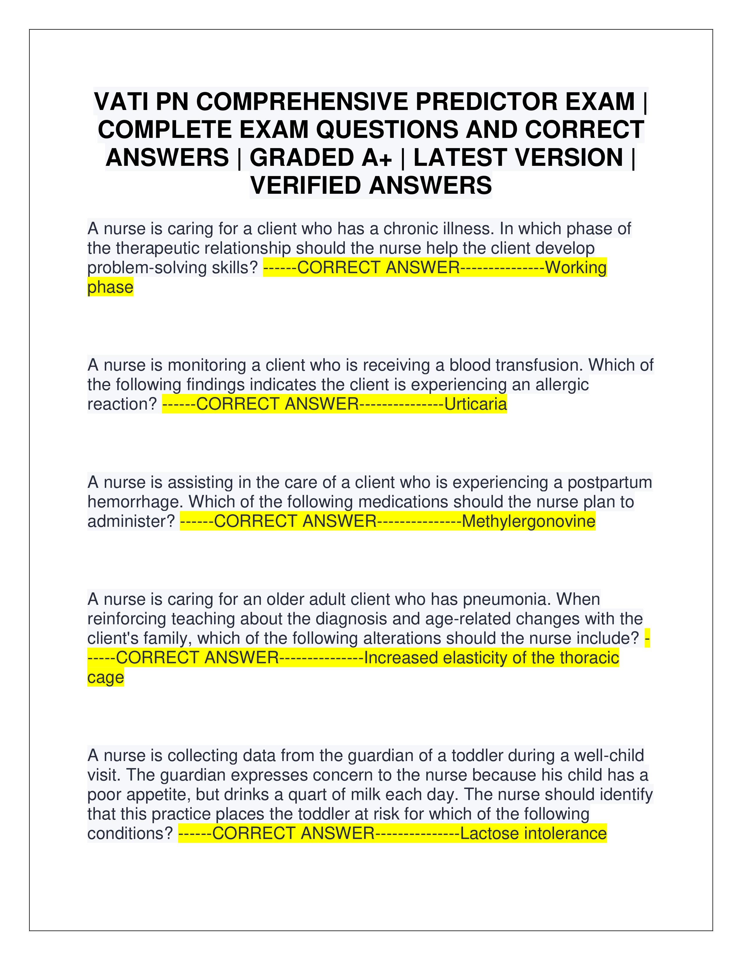 Preview of VATI PN COMPREHENSIVE PREDICTOR EXAM | COMPLETE EXAM QUESTIONS AND CORRECT ANSWERS | GRADED A+ | LATEST VERSION | VERIFIED ANSWERS