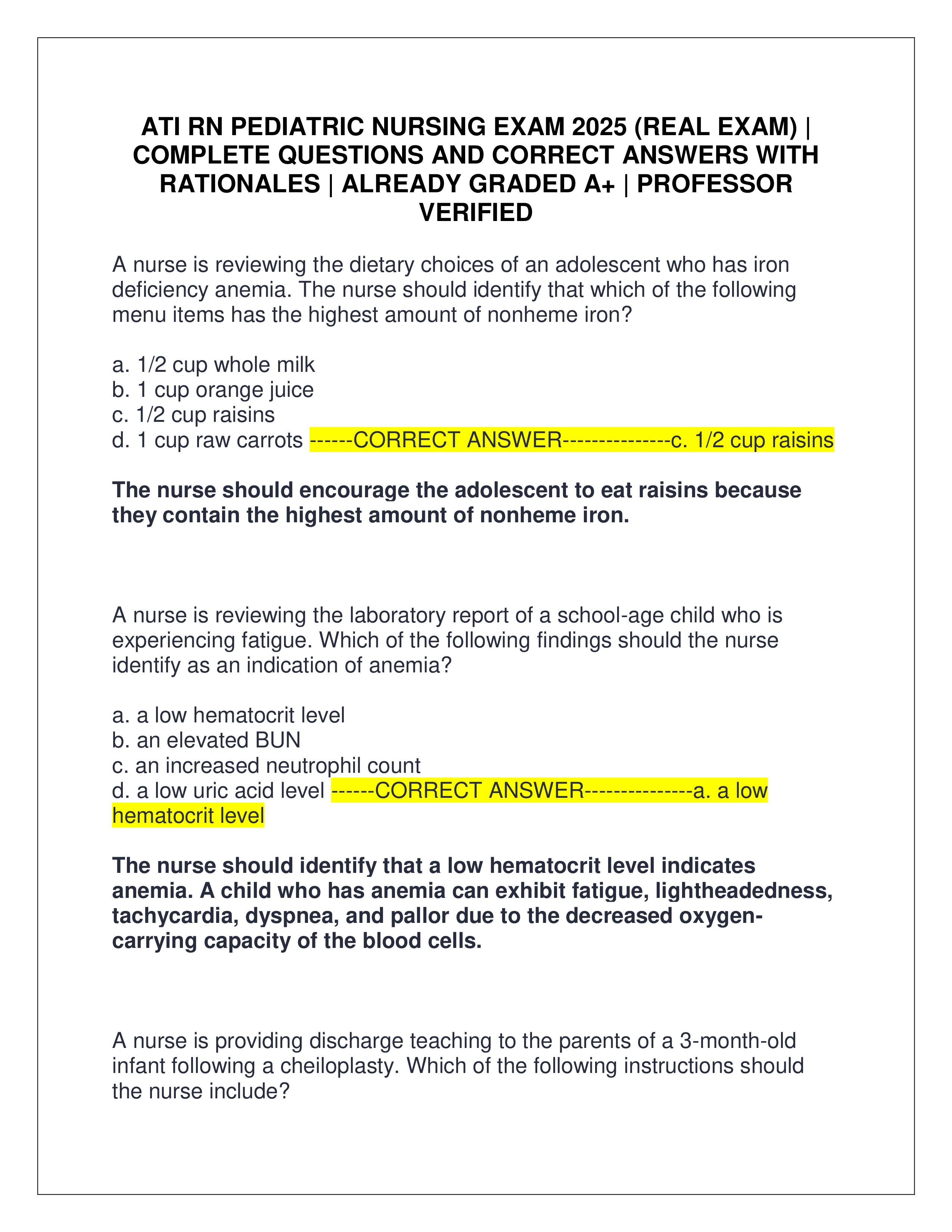 Preview of ATI RN PEDIATRIC NURSING EXAM 2025 (REAL EXAM) | COMPLETE QUESTIONS AND CORRECT ANSWERS WITH RATIONALES | ALREADY GRADED A+ | PROFESSOR VERIFIED
