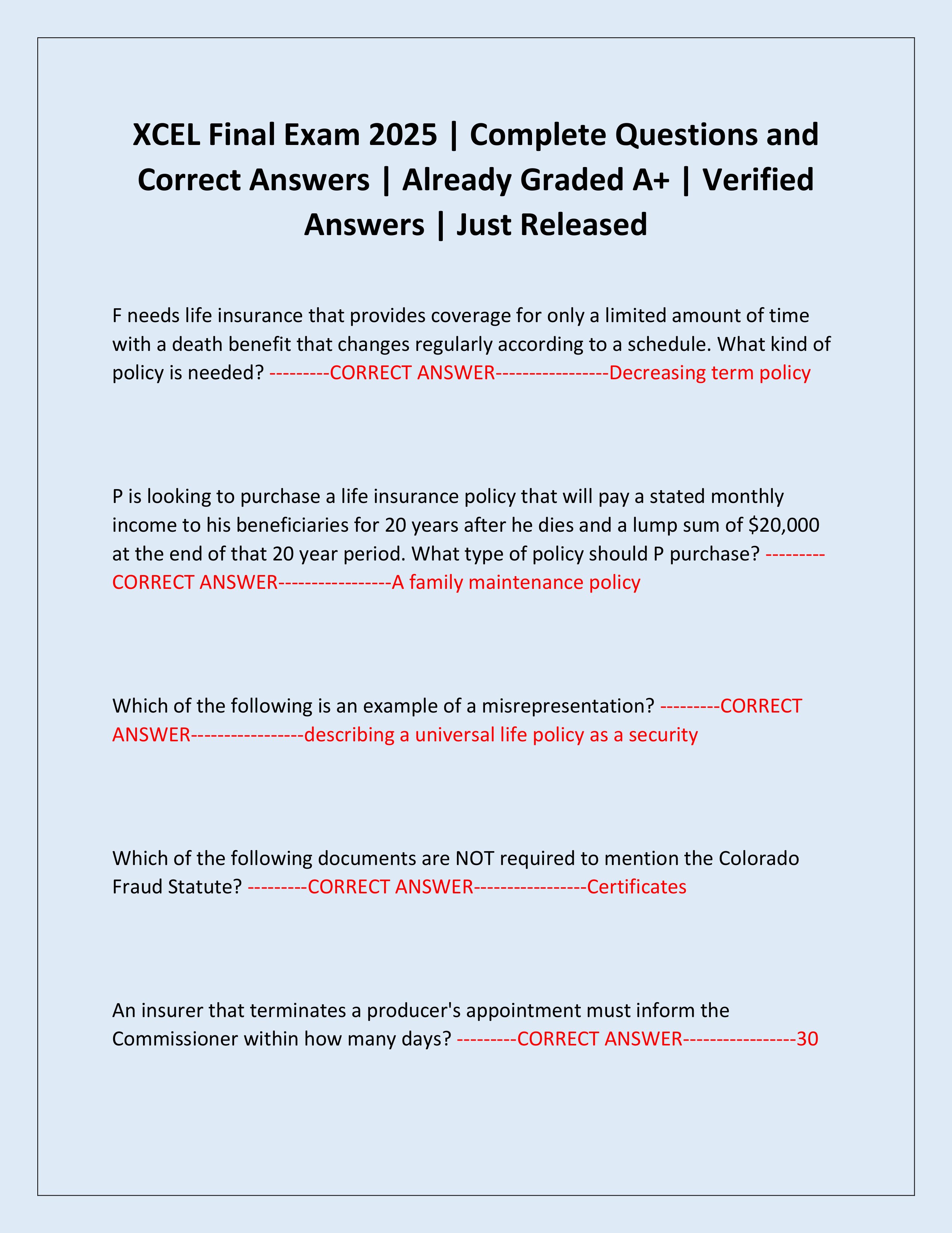 Preview of XCEL Final Exam 2025 | Complete Questions and Correct Answers | Already Graded A+ | Verified Answers | Just Released